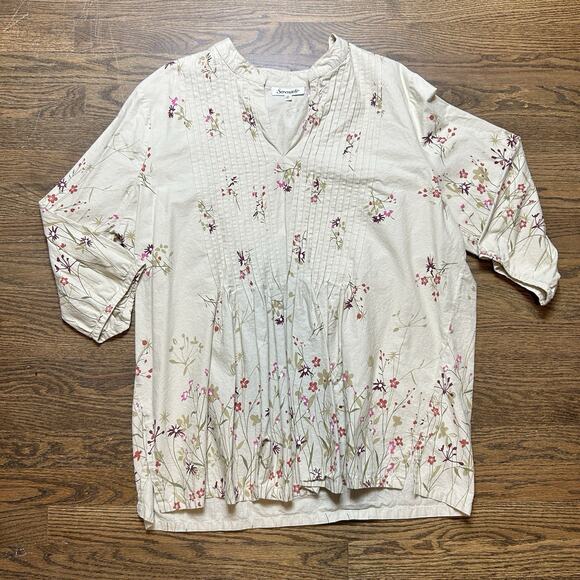 Serengeti Shirt Womens 2X Plus Beige Floral Pintuck Tunic Top Boho Cottagecore - Picture 1 of 10